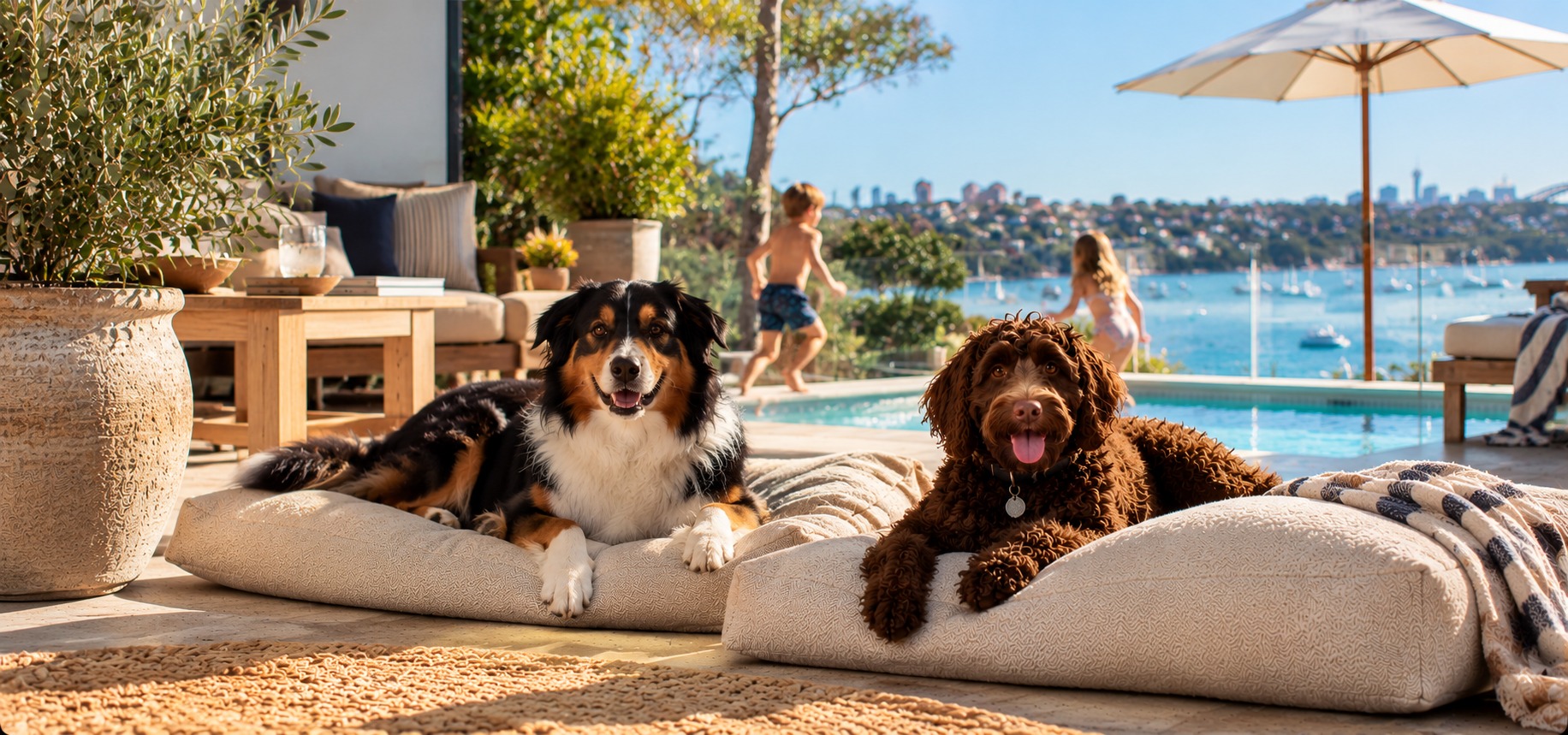 Jasper and Maverick relaxing poolside on Sydney Harbour